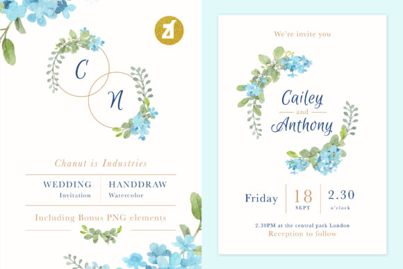 Blue Flowers Wedding Invitation Graphic for Print Templates
