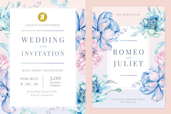 Blue-Pink Floral Wedding Invitation and Print Templates