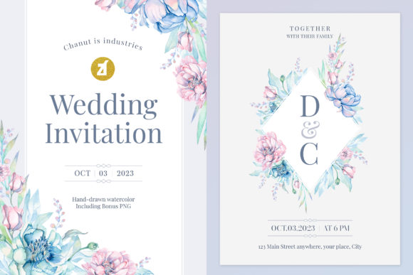 Blue-Pink Flower Wedding Invitation and Print Templates