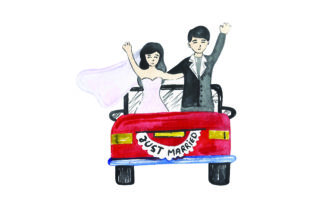 Convertable with Bride and Groom Waving - Wedding
