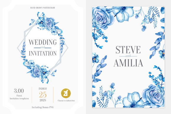 Floral Indigo Wedding Invitation Graphic Print Templates