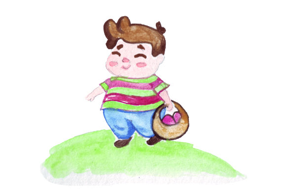 Kid Holding Easter Basket in Watercolor Style