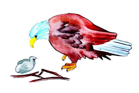 Mom and Baby Bald Eagles in Watercolor Style