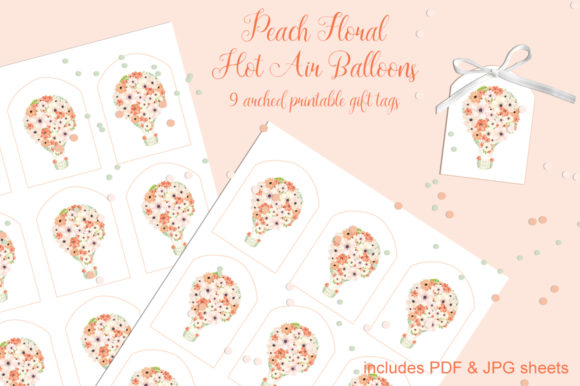 Peach Floral Hot Air Balloons Tags Set for Crafts